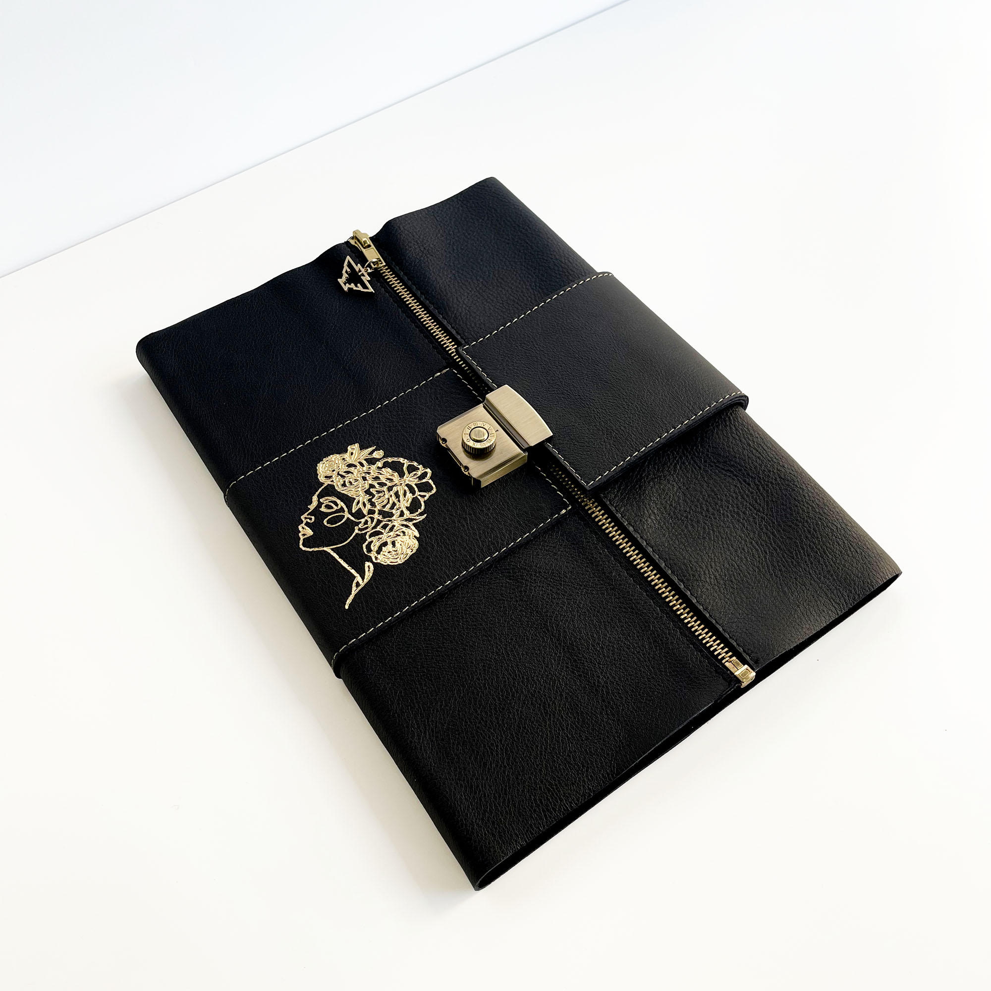leather album with gold zipper